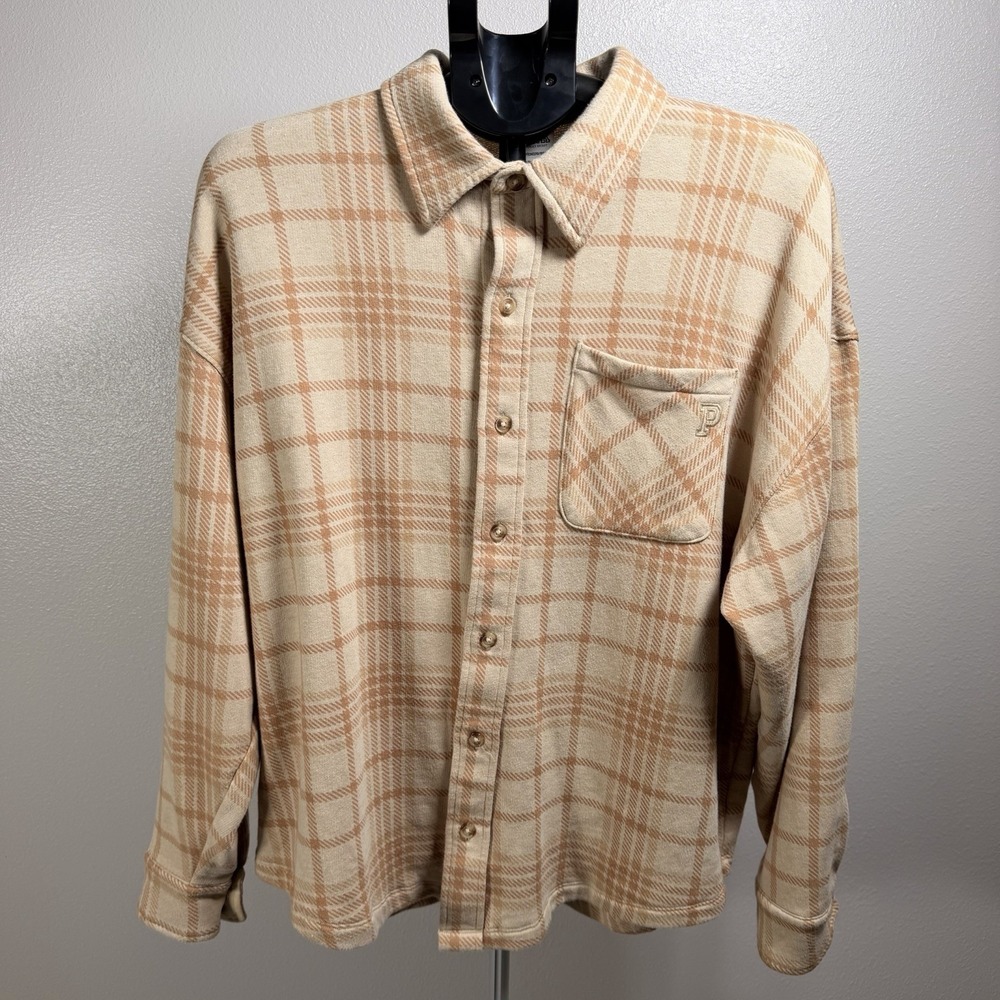 PINK Victoria Secret Plaid Brown and Tan Flannel Button Down Shacket Size Small
